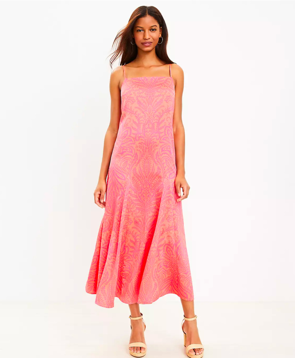 NWT Loft Slip Maxi Dress Women 10 Floral Coral-Pink Satin Coastal Beach Coquette